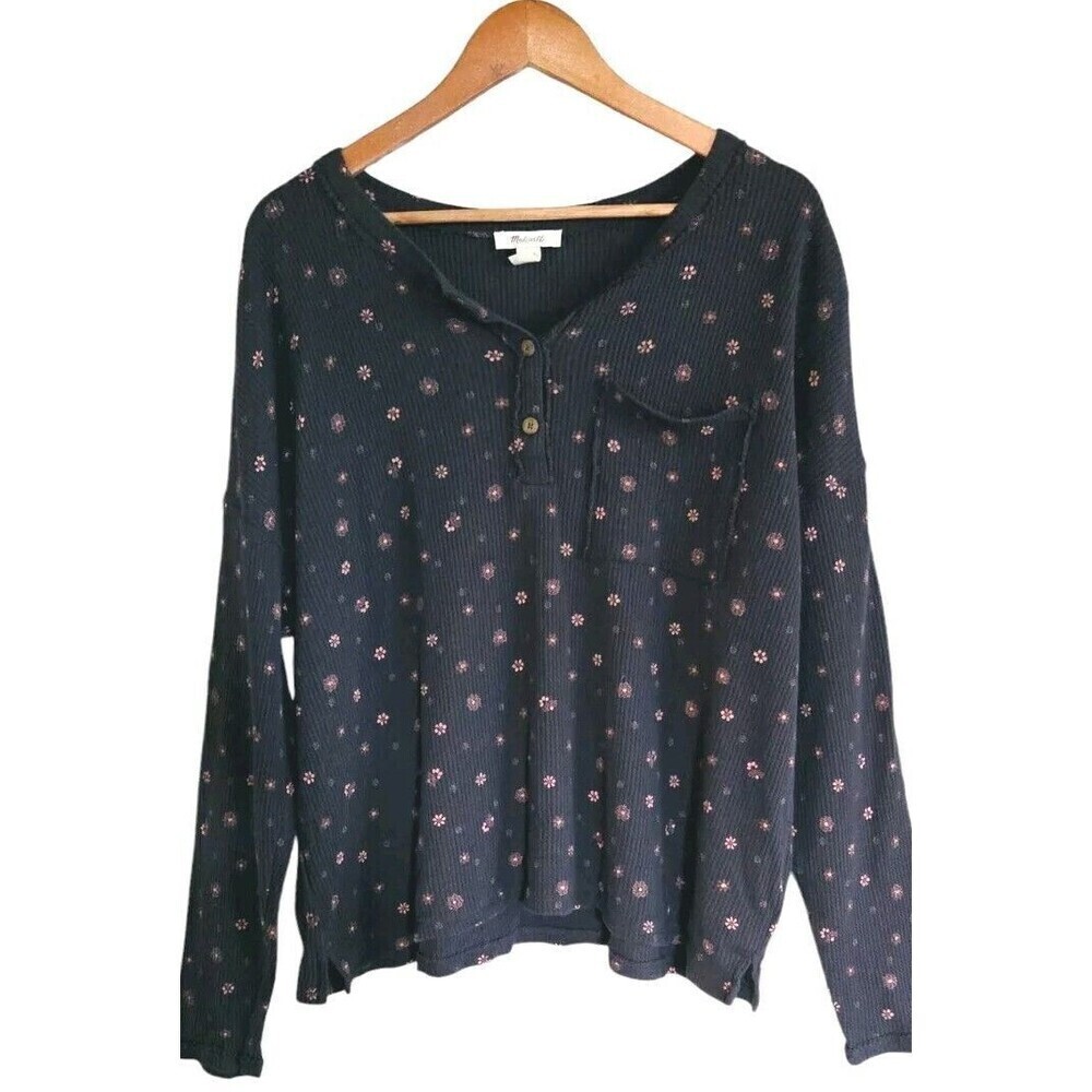 Madewell Waffle Knit Henley Pajama Top Women's Large Blue Bandama Floral